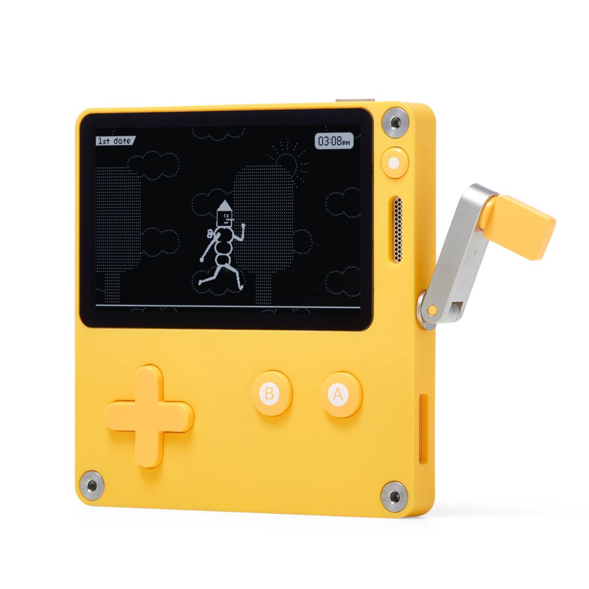 A small yellow plastic box with a hand crank on the side and a black-and-white figure on its screen.