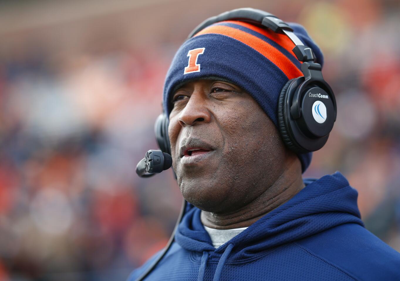 Illinois coach Lovie Smith watches the action during the game against Indiana at Memorial Stadium in Champaign on Nov. 11, 2017.