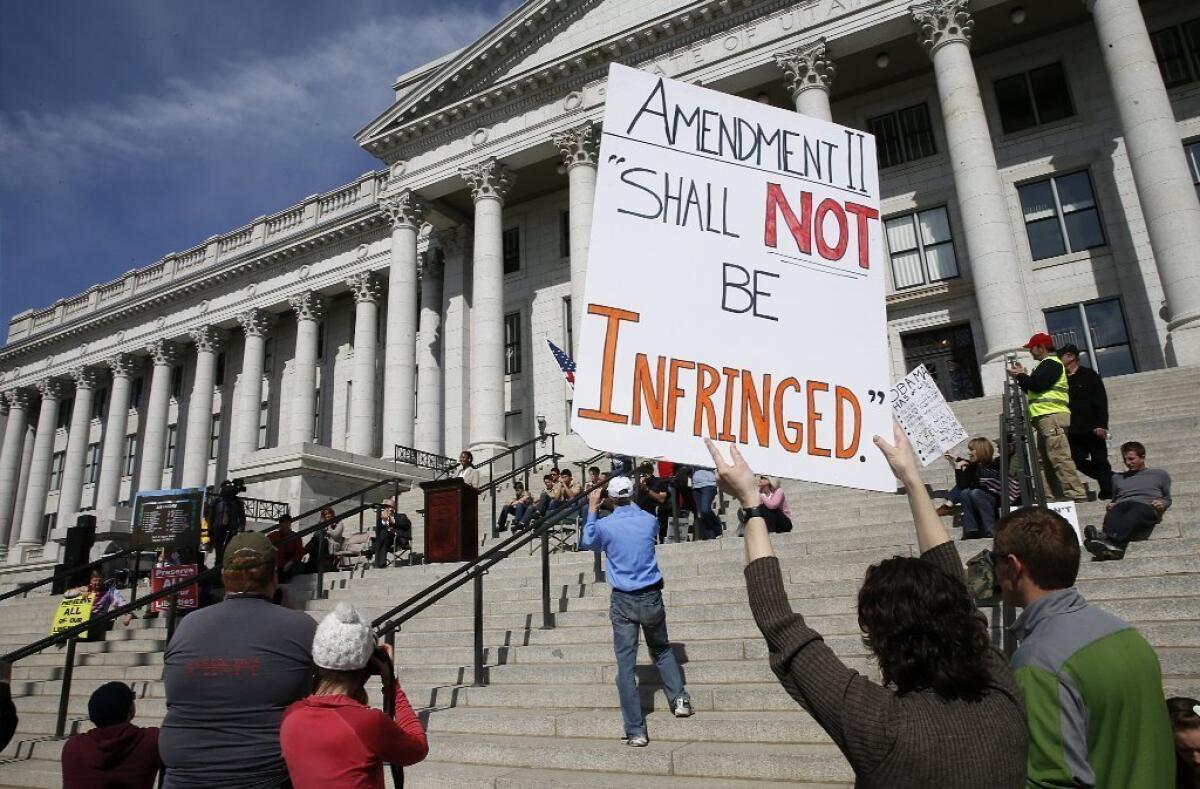 Gun rights supporters participate in a rally at the Utah State Capitol in Salt Lake City on March 2.