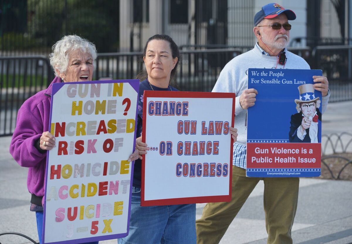 Demonstrators take part in a rally calling for sensible gun laws in front of the White House on October 5, in Washington.