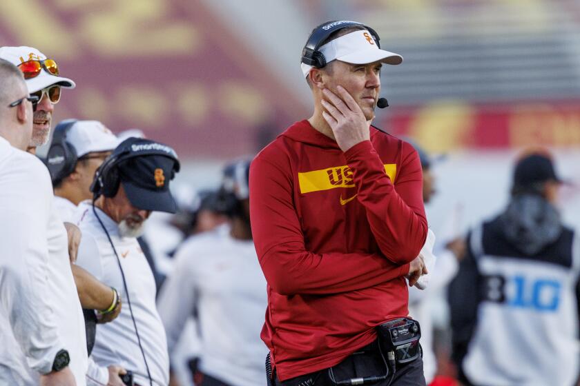 LOS ANGELES, CA - NOVEMBER 16, 2024: USC Trojans head coach Lincoln Riley.