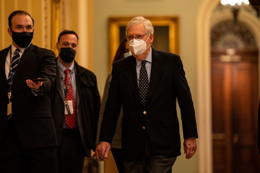 Then-Senate Majority Leader Mitch McConnell is seen at the U.S. Capitol on Dec. 29, 2020. 