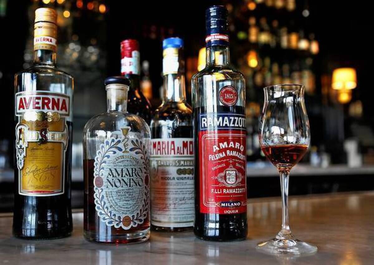 A selection of amari at the Amaro Bar at Osteria Mozza. The Italian bitters are sipped after a meal, and also used an element in cocktails.