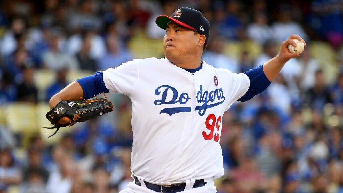 Dodgers starter Hyun-Jin Ryu delivers during a 5-1 victory over the San Diego Padres on Thursday.