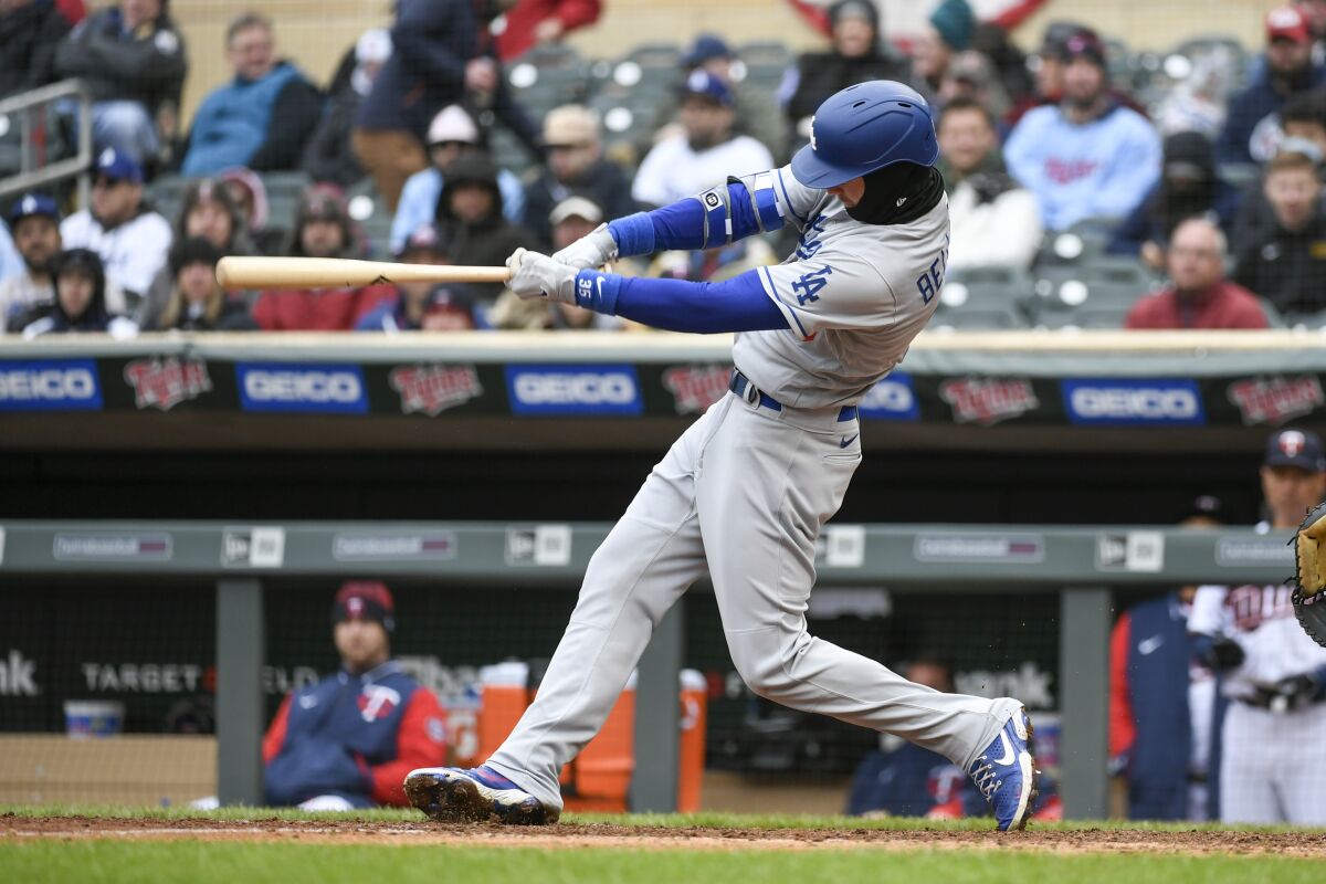 Dodgers Cody Bellinger hits a home run on a pitch by Minnesota Twins pitcher Dereck Rodriguez.
