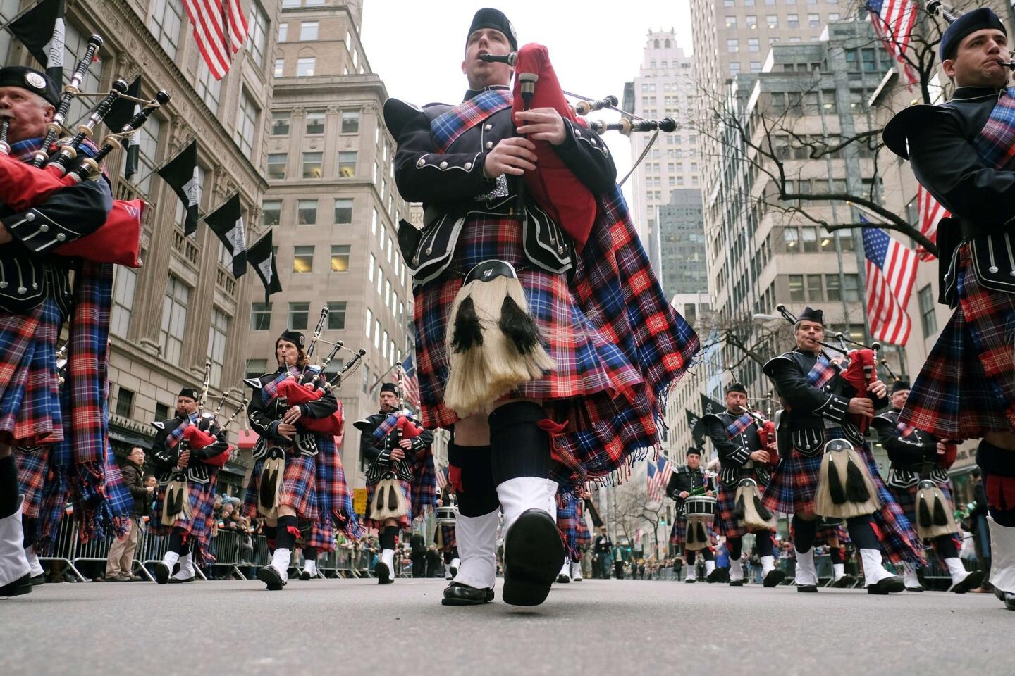 Bagpipers march during the St Patrick's Day parade in New York.