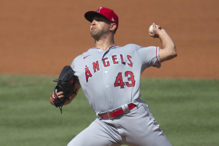 Los Angeles Angels starting pitcher Patrick Sandoval delivers during the first inning.