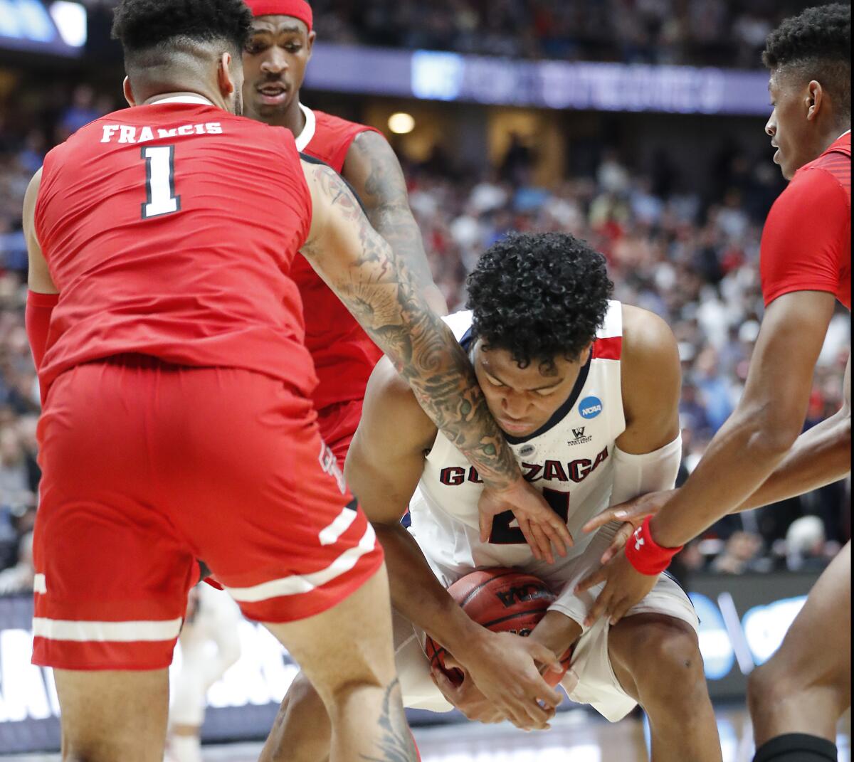 Gonzaga forward Rui Hachimuira gets hemmed in by Texas Tech defenders in the second half of the NCAA tournament West Regional Final at Honda Center on Saturday.