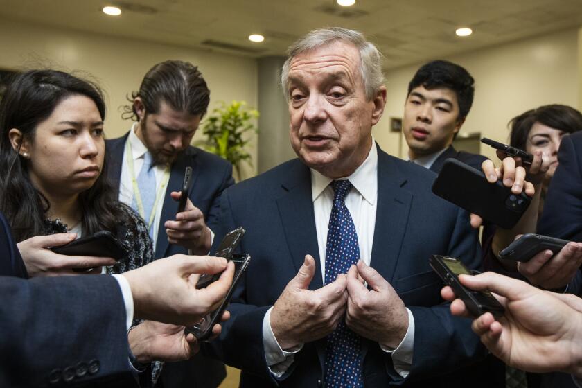 Sen. Dick Durbin, D-Ill., speaks to reporters at the Capitol in Washington, Tuesday, Jan. 28, 2020. President Donald Trump's legal team prepared to wrap up arguments in his impeachment trial Tuesday as Senate Republicans wrestled with whether to allow witnesses, including John Bolton who appeared ready to contradict a key Trump claim. (AP Photo/Manuel Balce Ceneta)