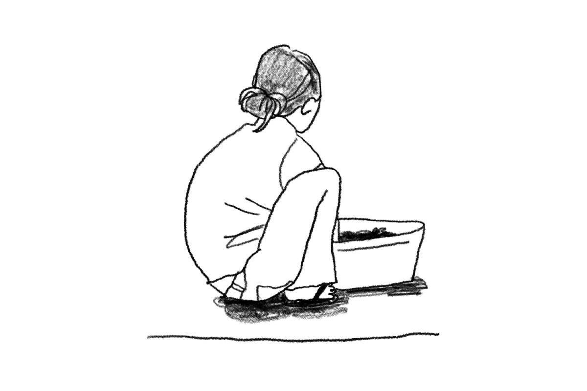 Illustration of a person squatting while making kimchi