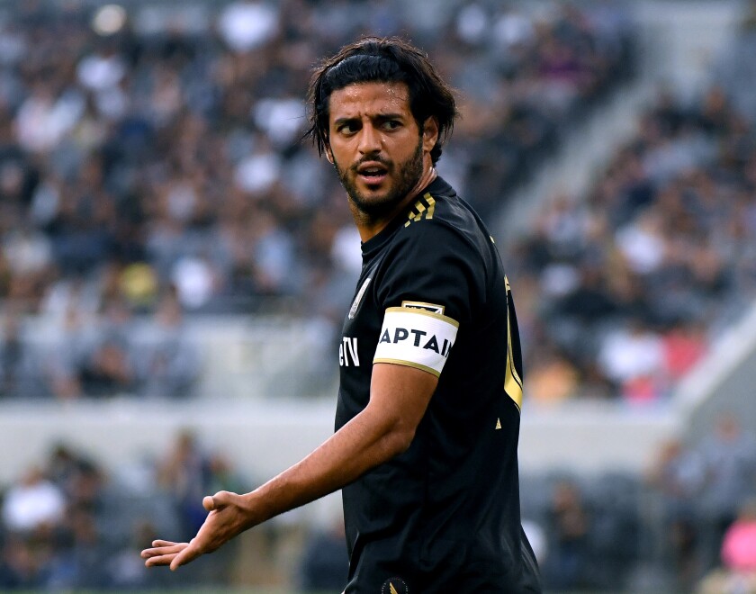LOS ANGELES, CALIFORNIA - JULY 06: Carlos Vela #10 of Los Angeles FC reacts for a call from the referee during the first half against the Vancouver Whitecaps at Banc of California Stadium on July 06, 2019 in Los Angeles, California. (Photo by Harry How/Getty Images) ** OUTS - ELSENT, FPG, CM - OUTS * NM, PH, VA if sourced by CT, LA or MoD **