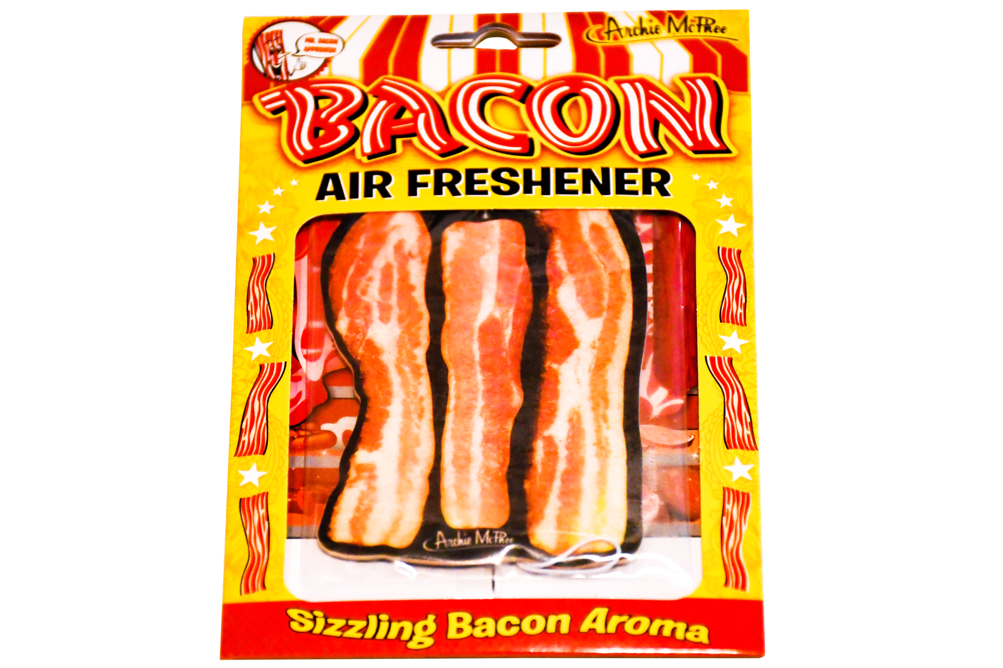 A bacon air freshener in its packaging