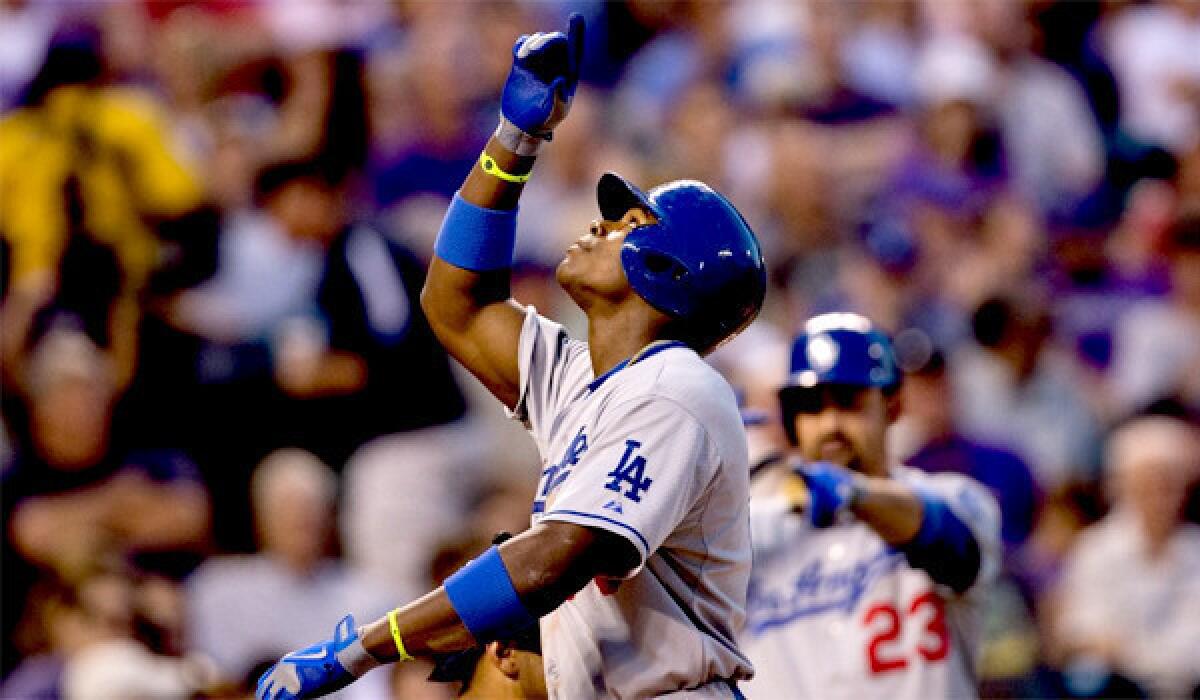Yasiel Puig's is past his first month in the major league, but the outfielder continued as he went 3 for 5 at the plate while tacking on another home run in the Dodgers' 8-0 victory over the Colorado Rockies.