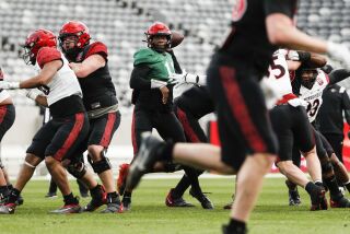 San Diego, CA - March 23: San Diego State quarterback Jalen Mayden passes during their annual spring game at Snapdragon Stadium on Thursday, March 23, 2023 in San Diego, CA.(Meg McLaughlin / The San Diego Union-Tribune)
