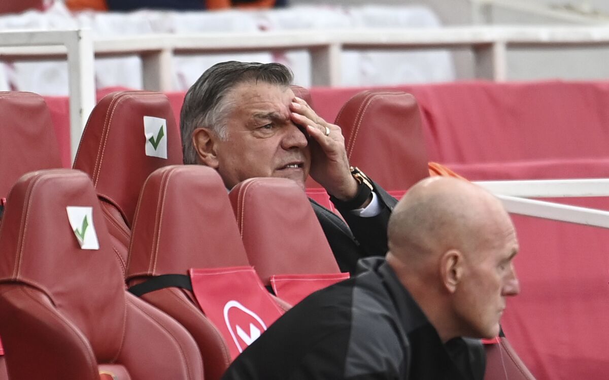 West Bromwich Albion's manager Sam Allardyce reacts during the English Premier League soccer match between Arsenal and West Bromwich Albion at the Emirates Stadium in London, England, Sunday, May 9, 2021. (Andy Rain/ Pool via AP)
