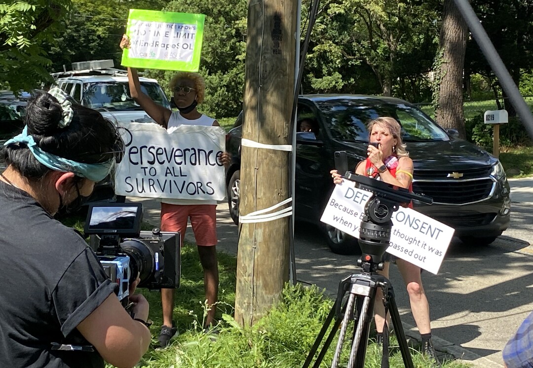Protesters outside of Bill Cosby's home on June 30, 2021 in Cheltenham, Pennsylvania. Bill Cosby was released from prison
