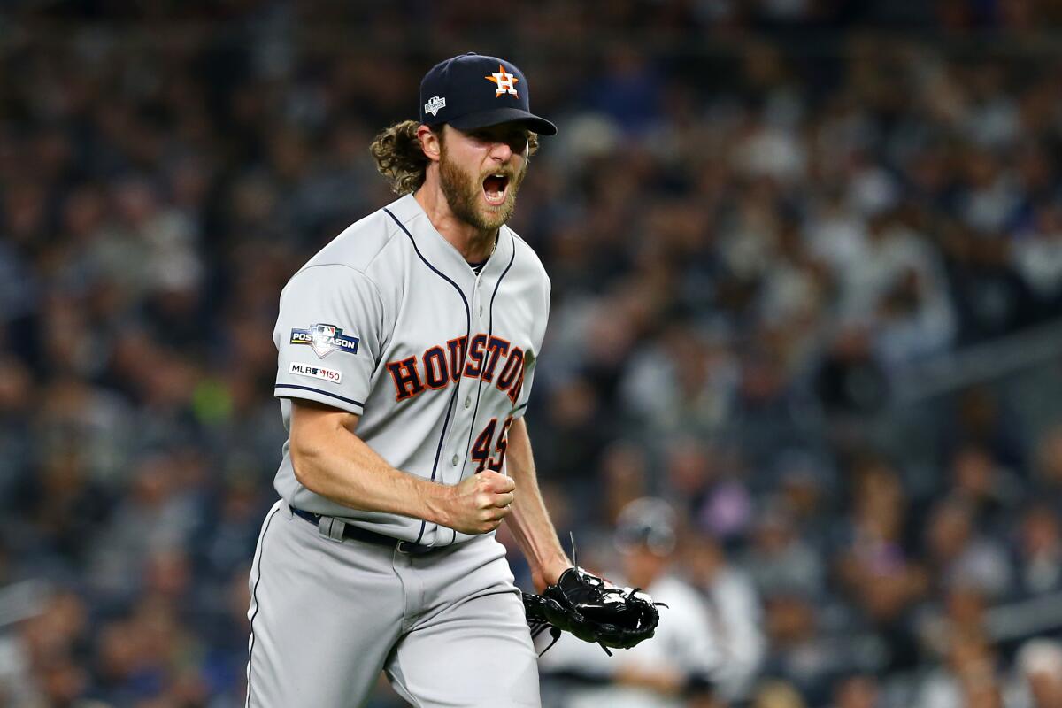 Houston Astros pitcher Gerrit Cole celebrates retiring the side during the sixth inning against the New York Yankees in Game 3 of the ALCS at Yankee Stadium on Tuesday in New York City.