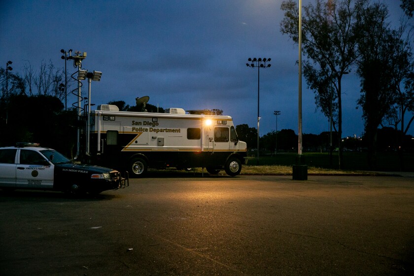 A San Diego police mobile command center in the parking lot of the Willie Henderson Sports Complex in Mountain View in 2019.