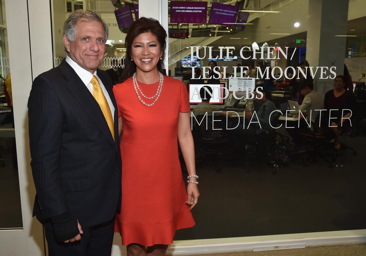 CBS Corp. CEO Leslie Moonves received a compensation package in 2014 valued at $57 million. Moonves, left, is pictured here in February with his wife and TV host Julie Chen during the naming of the Julie Chen/Leslie Moonves and CBS Media Center at USC's Wallis Annenberg Hall.