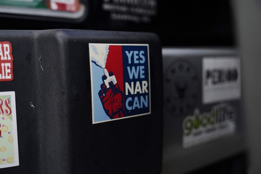 Jessie Blanchard's jeep bumper holds a sticker with the slogan "Yes We Narcan" on Monday, Jan. 23, 2023, in Albany, Ga. Naloxone, available as a nasal spray and in an injectable form, is a key tool in the battle against a nationwide overdose crisis linked to the deaths of more than 100,000 people annually in the U.S. (AP Photo/Brynn Anderson)