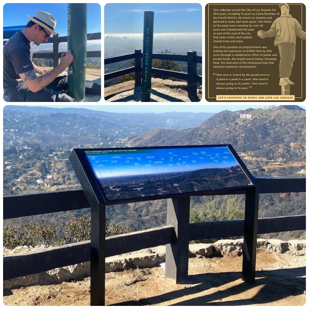 A collage of four photos shows someone painting a post, said post, a plaque and a view of low mountains.