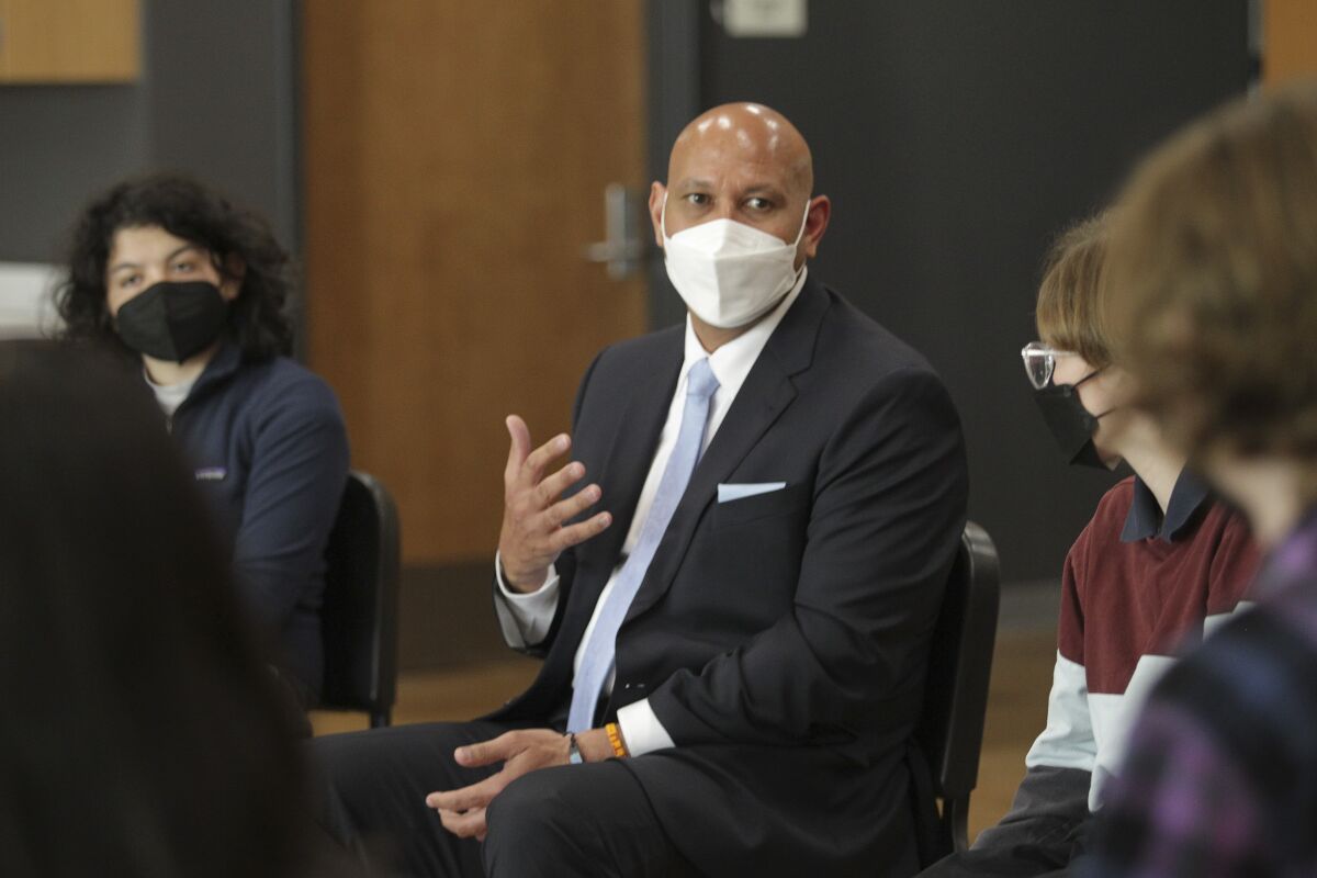 Potential San Diego Unified superintendent Lamont Jackson speaks at a public forum Feb. 26.