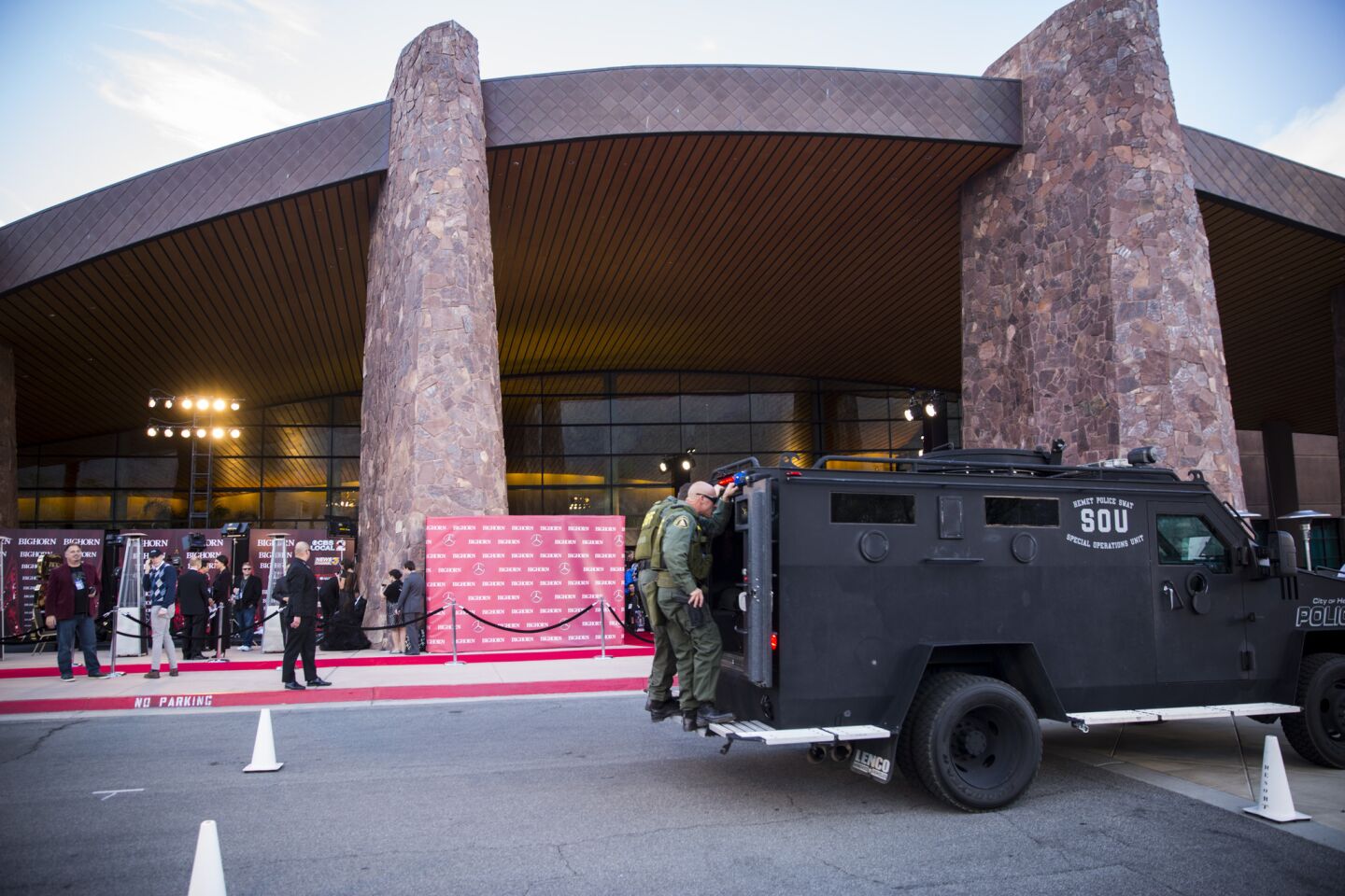 Security outside the Palm Springs Convention Center before the start of the gala.