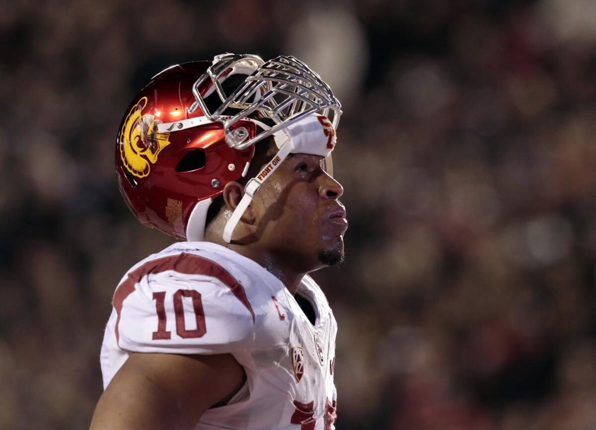 Linebacker Hayes Pullard stands on the sidelines during USC's game against Utah at Rice-Eccles Stadium on Oct. 25, 2014.
