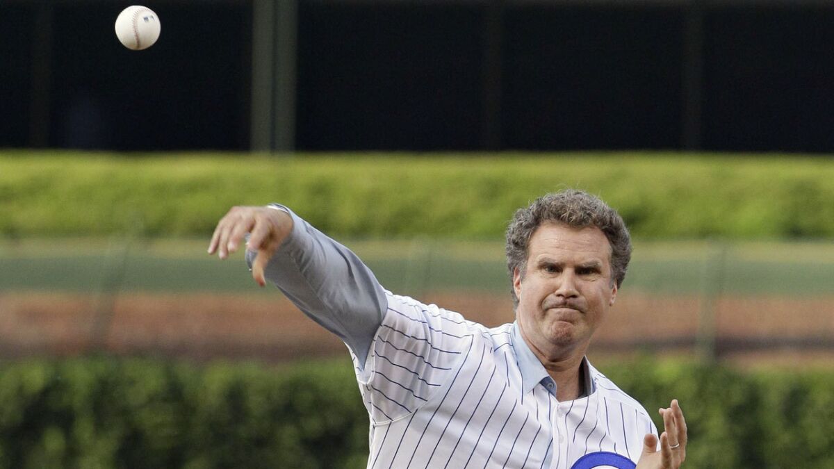 Will Ferrell, seen here throwing out the ceremonial first pitch at a Chicago Cubs game in 2012, will play in five different spring training games on Thursday.