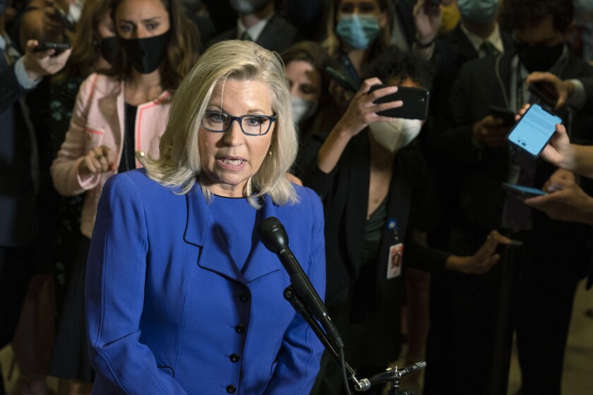 Liz Cheney speaks to reporters after House Republicans ousted her from her leadership position.