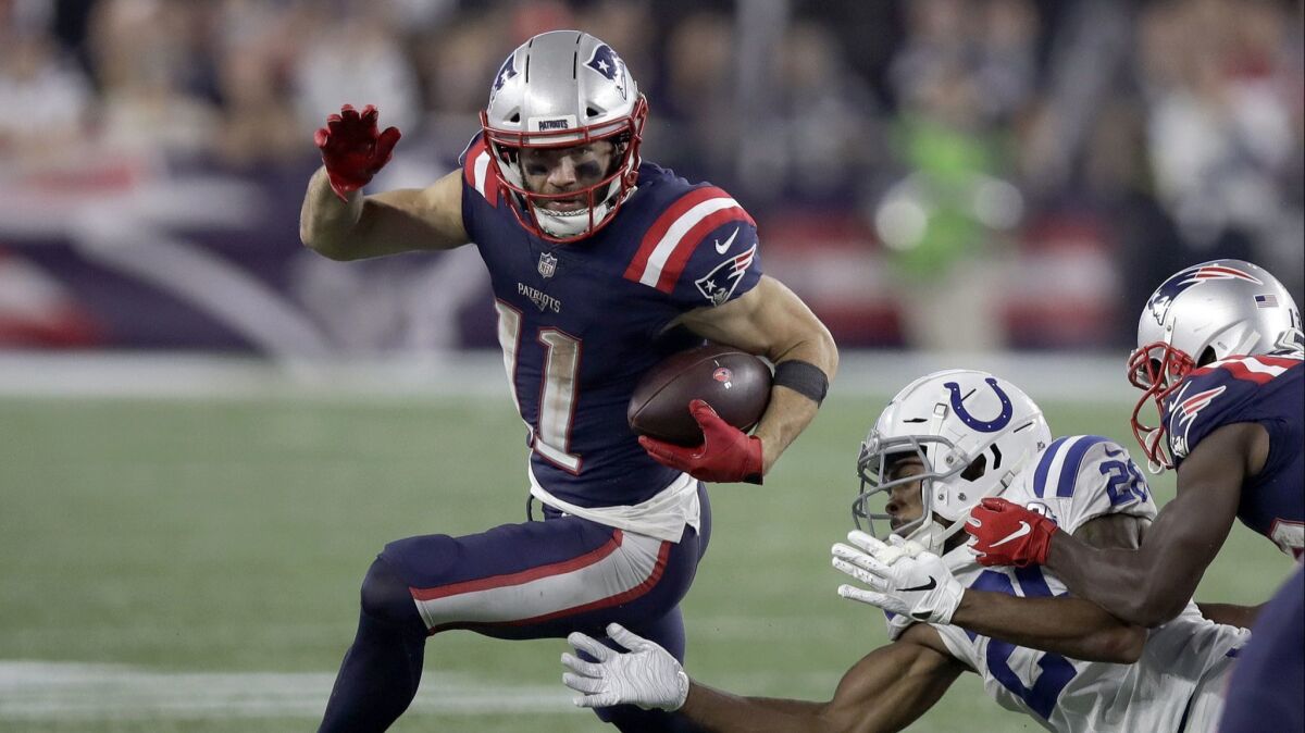 New England Patriots wide receiver Julian Edelman runs against the Indianapolis Colts.