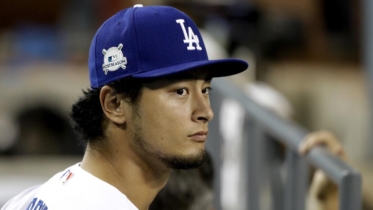 Dodgers pitcher Yu Darvish waits for Game 1 of the NLDS against the Arizona Diamondbacks on Friday. The Dodger won the first game of the series 9-5.