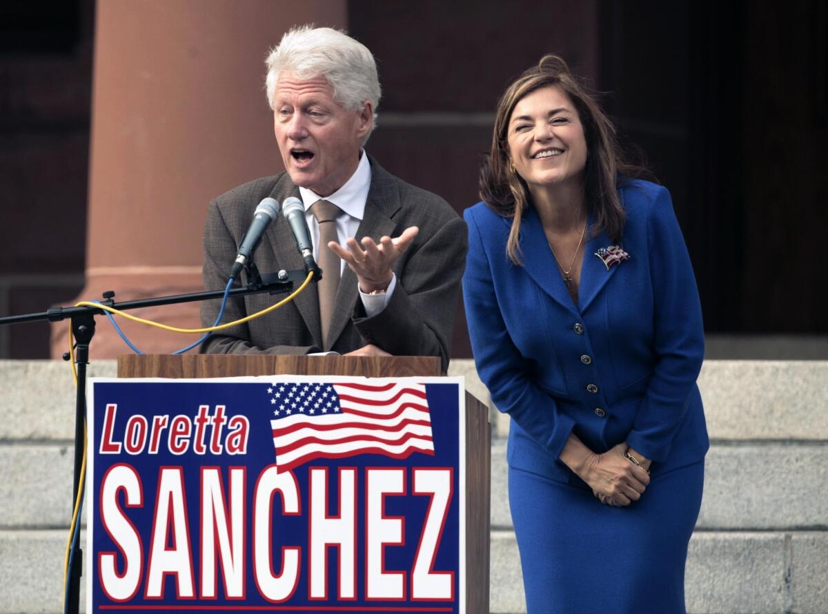 Rep. Loretta Sanchez (D–Garden Grove) campaigning for reelection in 2010 with former President Bill Clinton in Santa Ana.