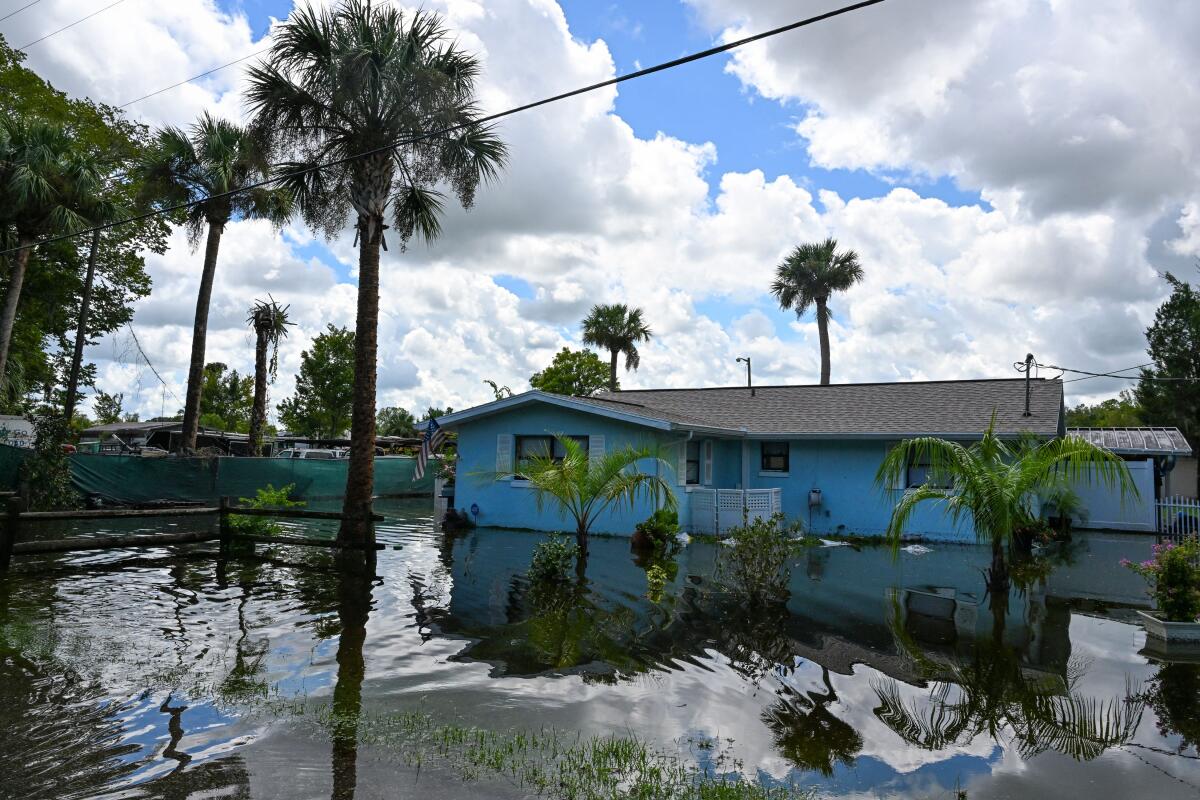 Floodwaters surround a house and palm trees