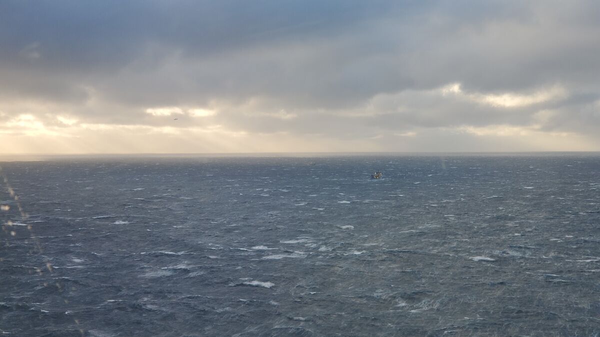 This photo provided by Joint Rescue Co-ordination Centre on Wednesday, Feb. 16, 2022 shows a view from a search aircraft over the Atlantic Ocean off Newfoundland. A search operation is still looking for missing crew members from a Spanish fishing ship that sank in rough seas early Tuesday, Feb. 15 in the eastern Atlantic Ocean. (Joint Rescue Co-ordination Centre/The Canadian Press via AP)
