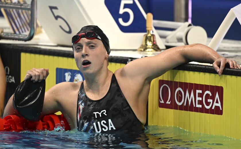 Katie Ledecky of the United States reacts after the Women 800m Freestyle final at the 19th FINA World Championships in Budapest, Hungary, Friday, June 24, 2022. (AP Photo/Anna Szilagyi)
