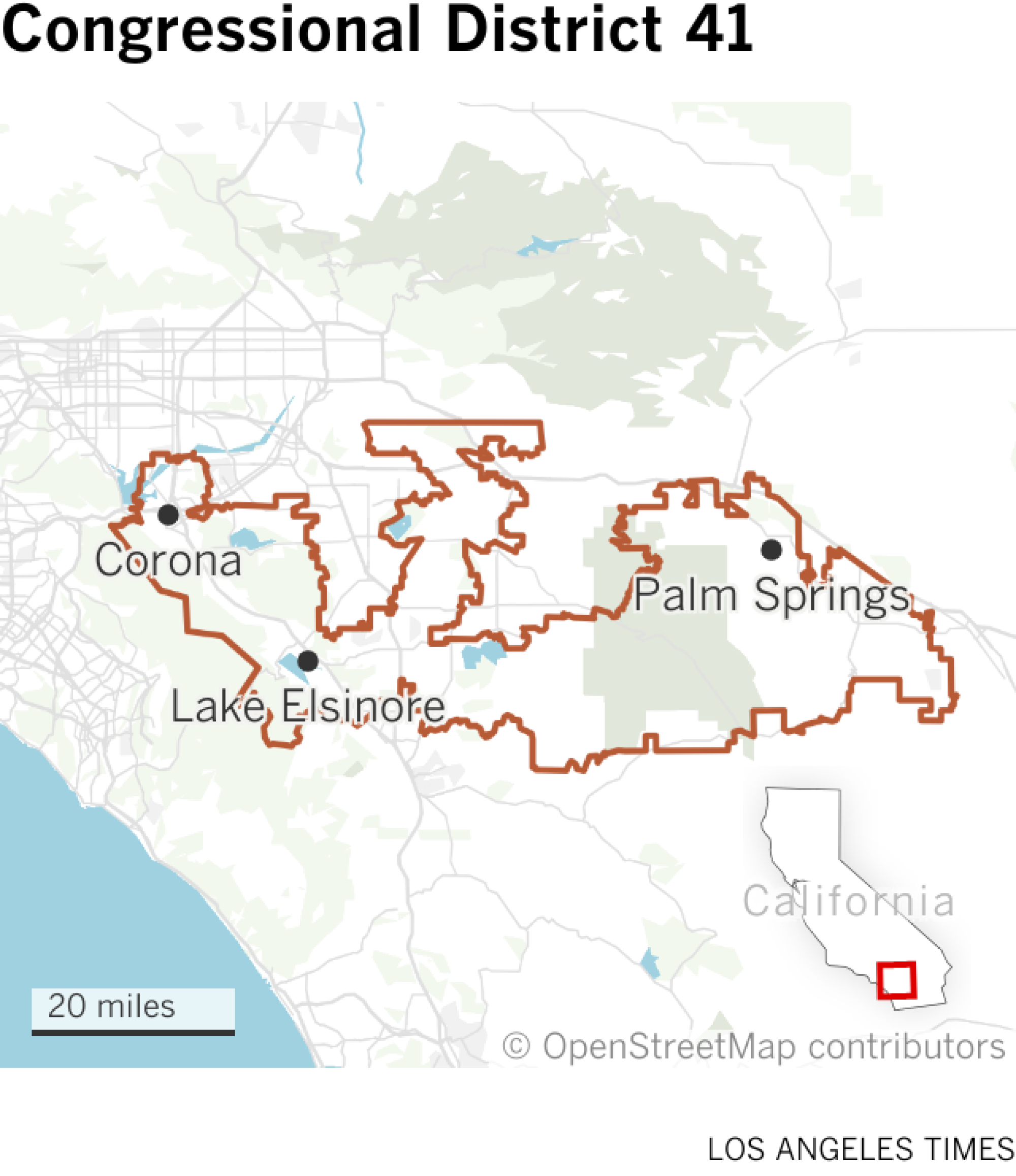 Map shows outline of California's Congressional District 41, which includes cities such as Corona, Lake Elsinore and Palm Springs.