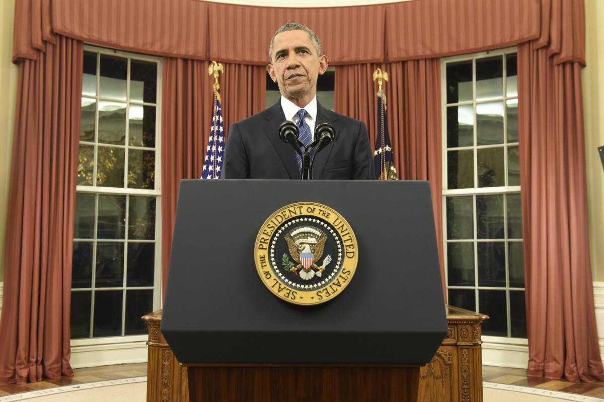 President Barack Obama addresses the U.S. from the Oval Office on Sunday.