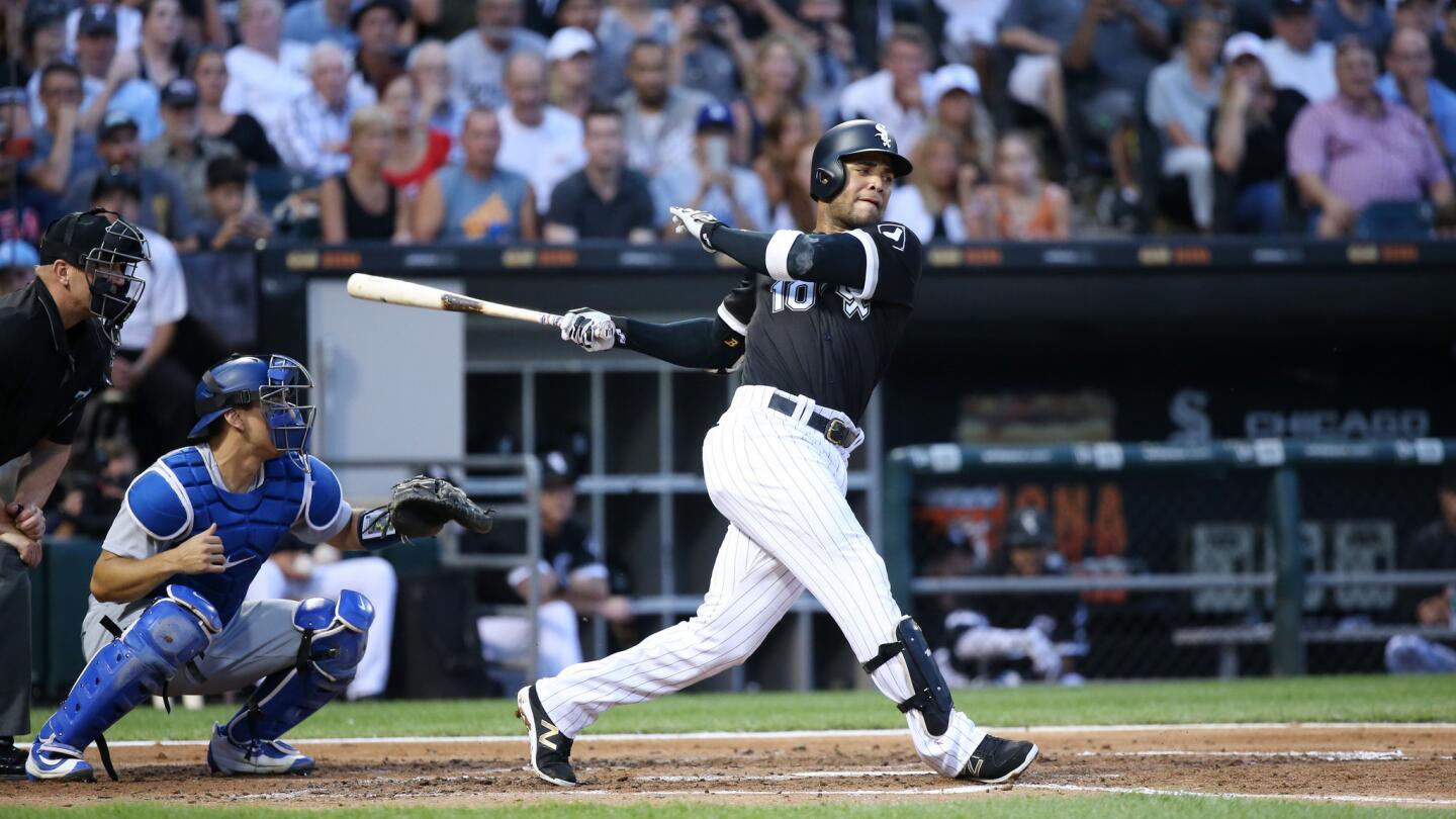 White Sox second baseman Yoan Moncada swings at a foul ball in the second inning against the Los Angeles Dodgers at Guaranteed Rate Field on July 19, 2017.