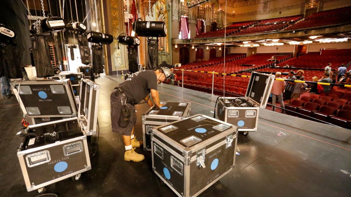 At the Hollywood Pantages Theatre, crews unload the first bits of staging for the national tour of "Hamilton." Check back soon for our complete behind-the-scenes report.