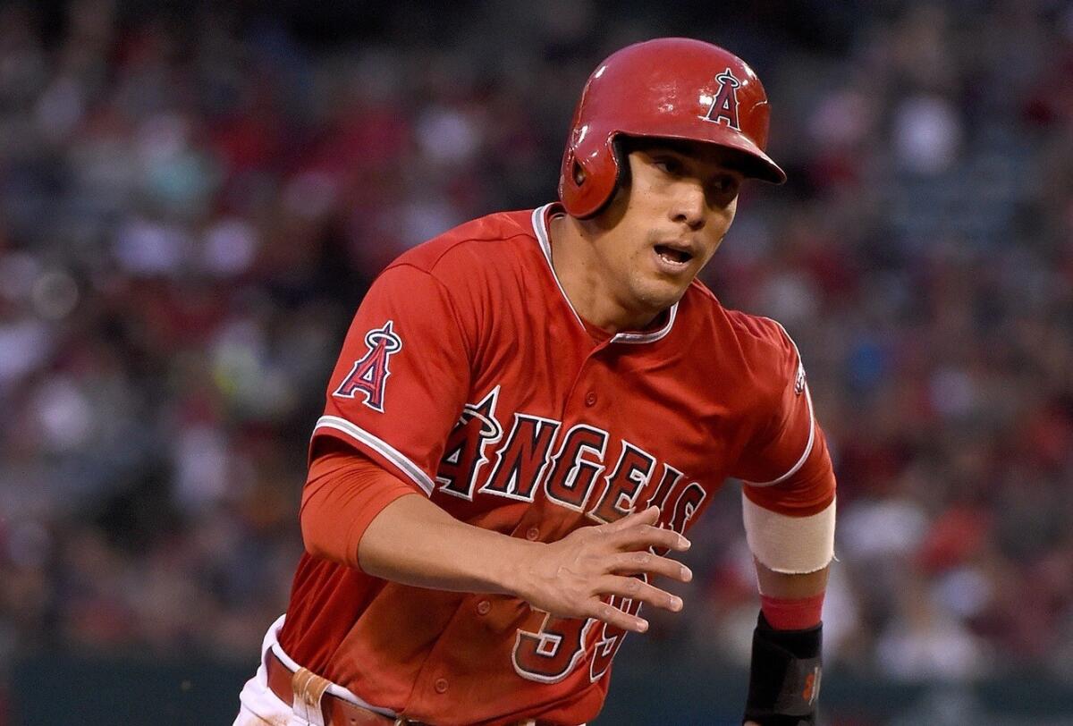Angels outfielder Rafael Ortega races home to score during the second inning of a game on May 20.