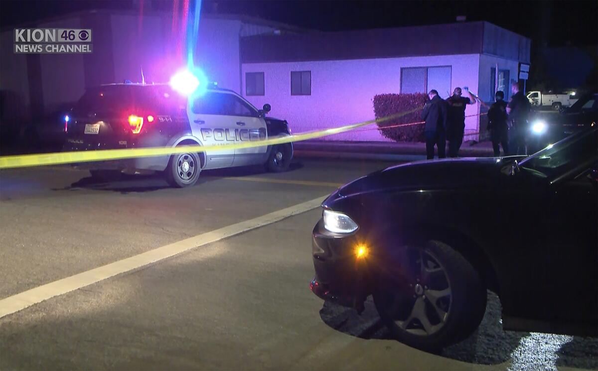 FILE - In this image from KION video, police investigate the scene of a shooting in King City, Calif., March 3, 2024. 