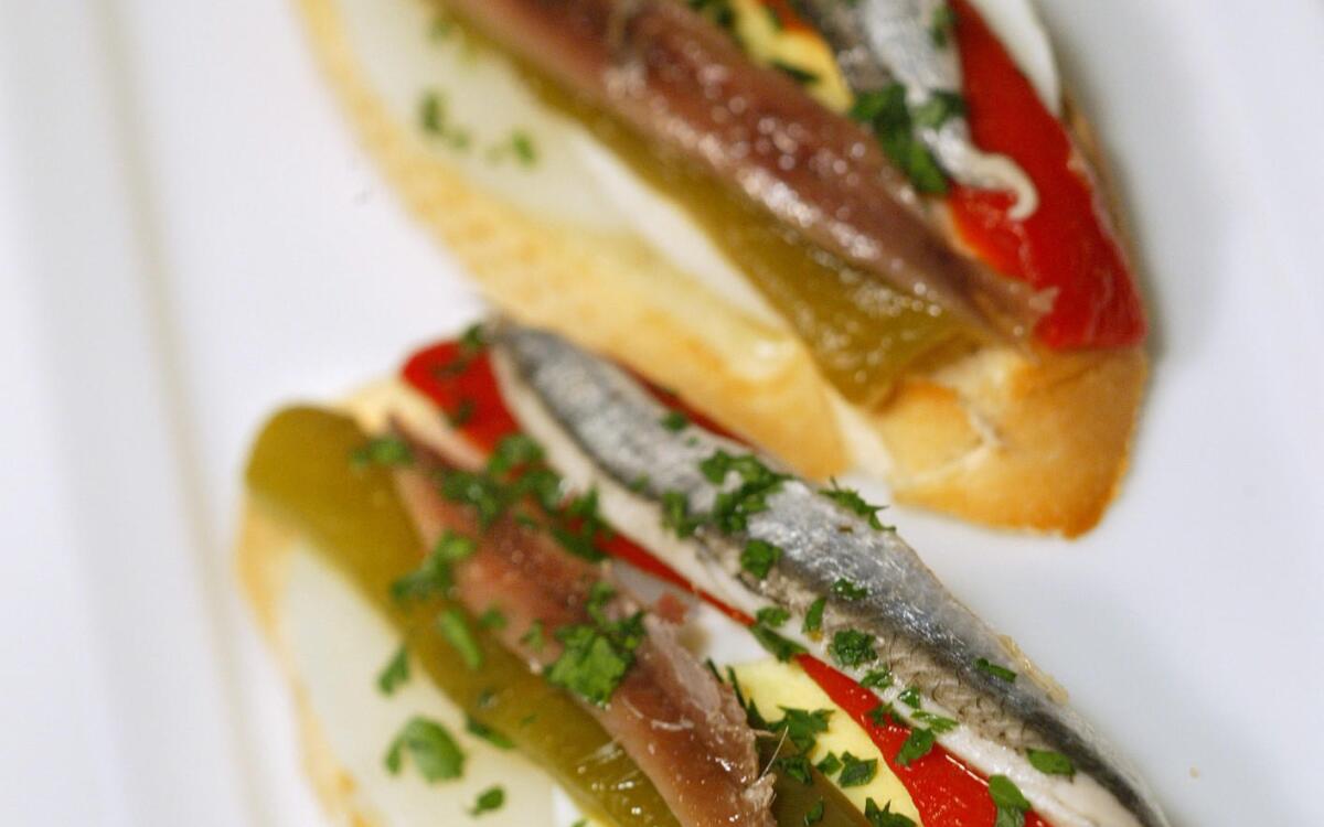 Anchovy, roasted red pepper, potato and egg pintxos
