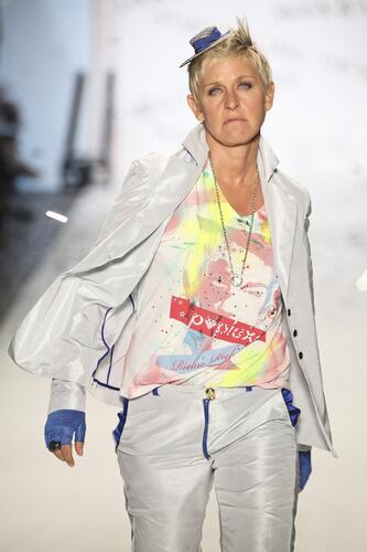 Ellen DeGeneres models for Richie Rich at Mercedes-Benz fashion week on September 9, 2010.