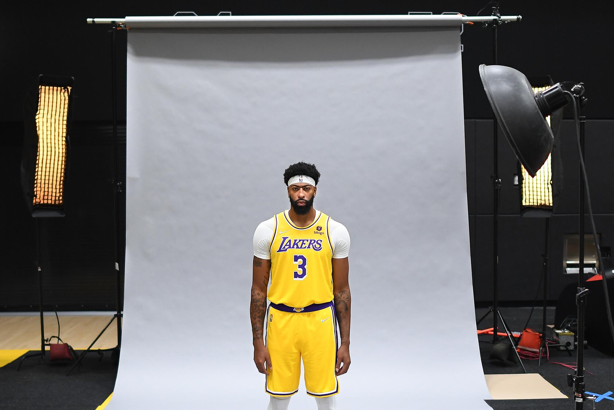 Lakers Anthony Davis poses for pictures on media day.
