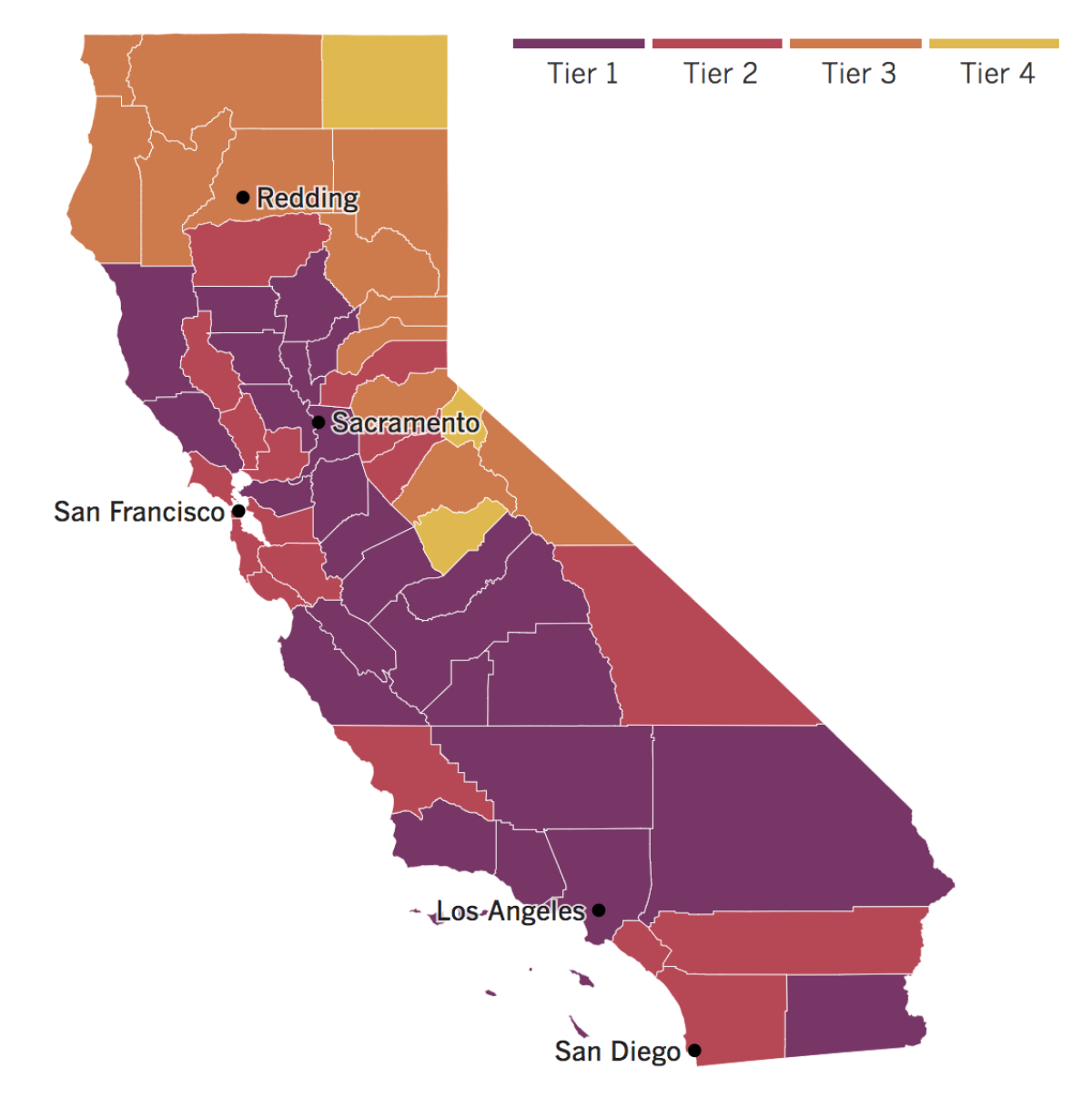 A map of California showing the tiers to which counties have been assigned based on local levels of coronavirus risk.
