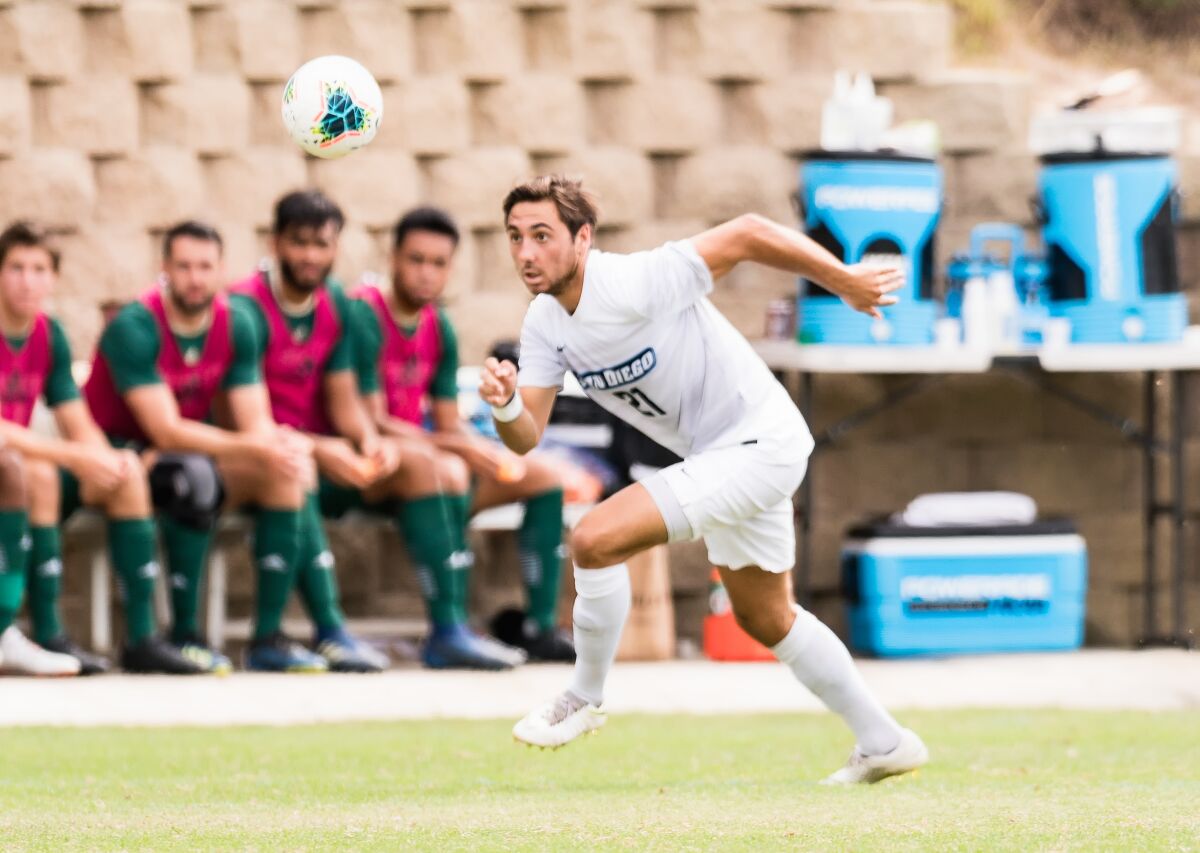 USD midfielder George West competes against Sacramento State last year.