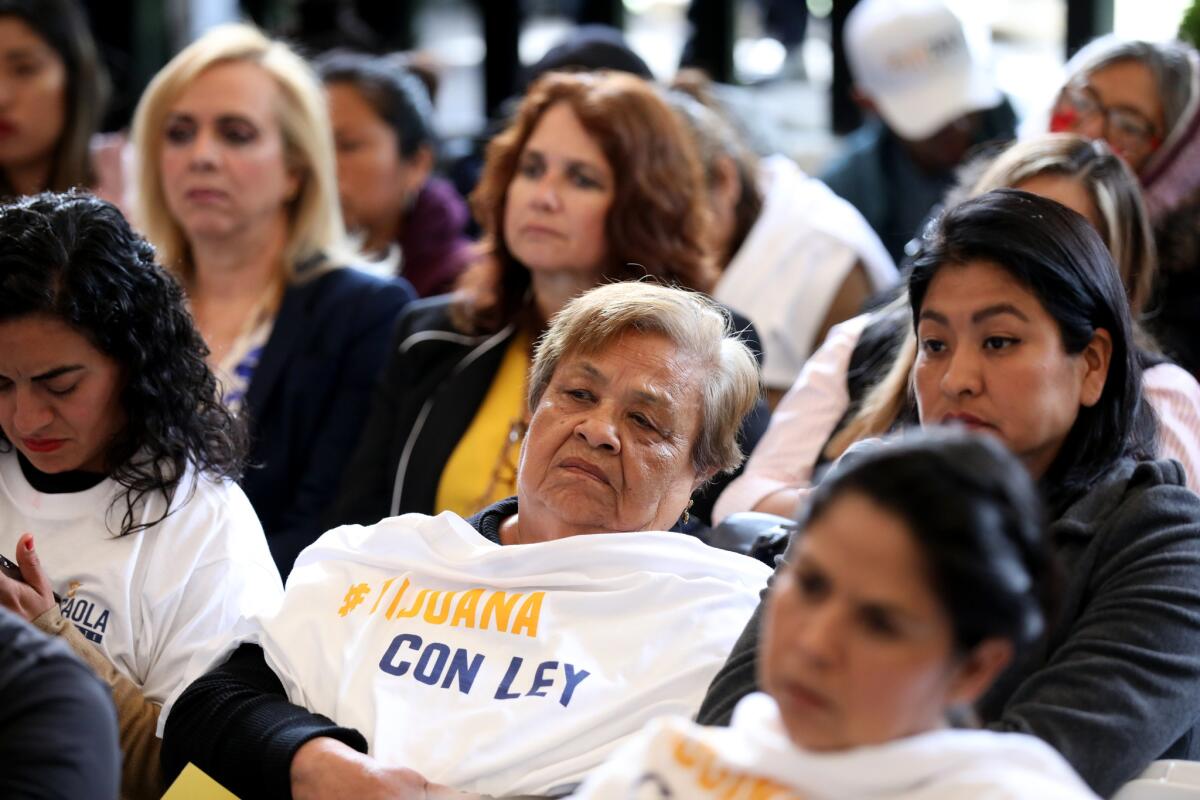 Women attend a forum to listen to Julian Leyzaola, the Democratic Revolution Party candidate for mayor of Tijuana.