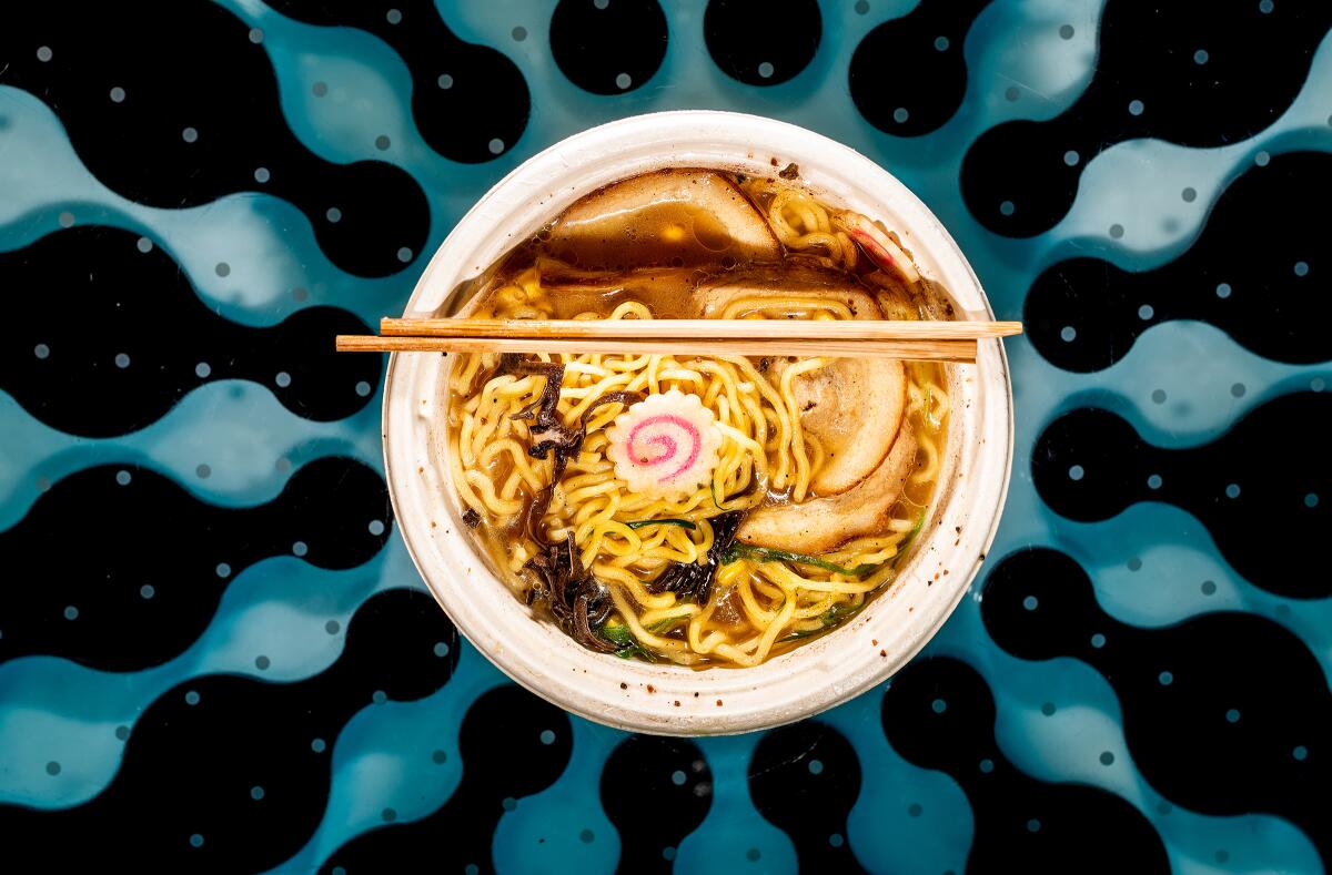 A bowl of ramen dispensed by a Yo-Kai Express vending machine at San Francisco International Airport.