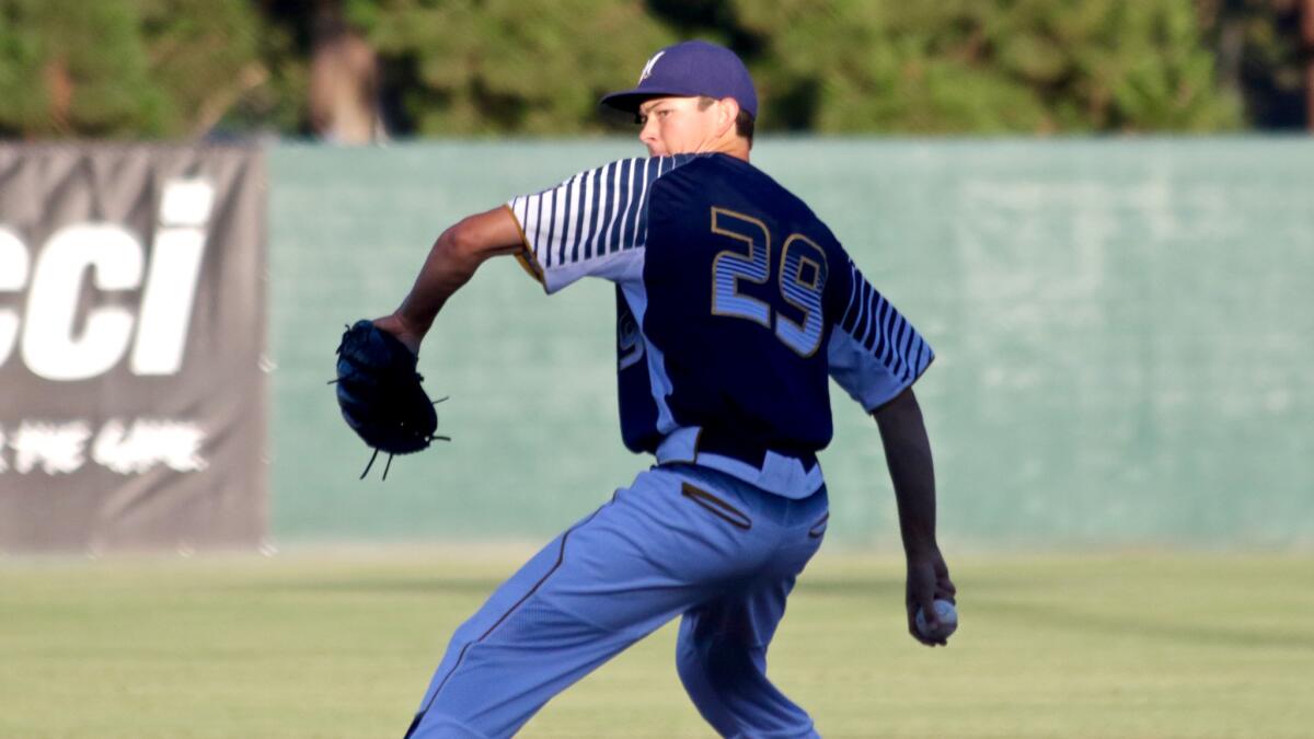 Santa Barbara High pitcher Kevin Gowdy works during the Area Code Games at Blair Field in Long Beach.